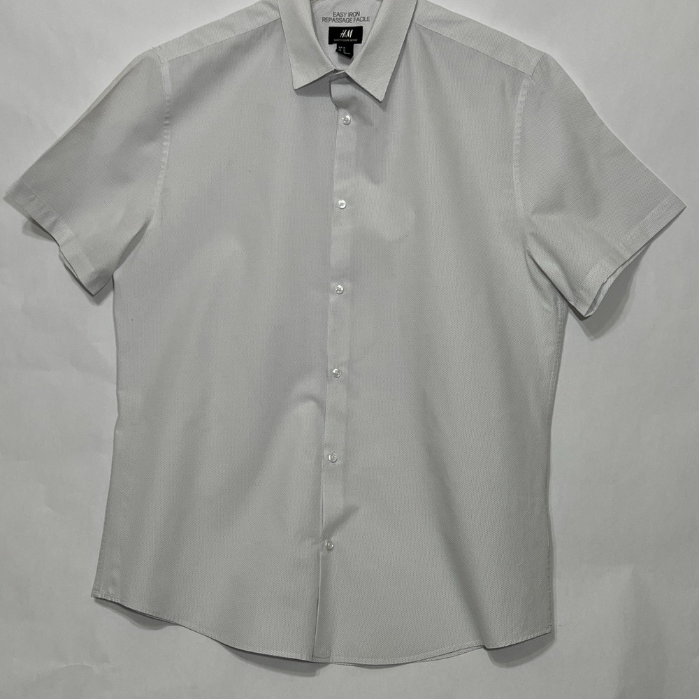 H&M Easy Iron Slim Fit Short Sleeve Button White Polka Dot Shirt Men Size XL